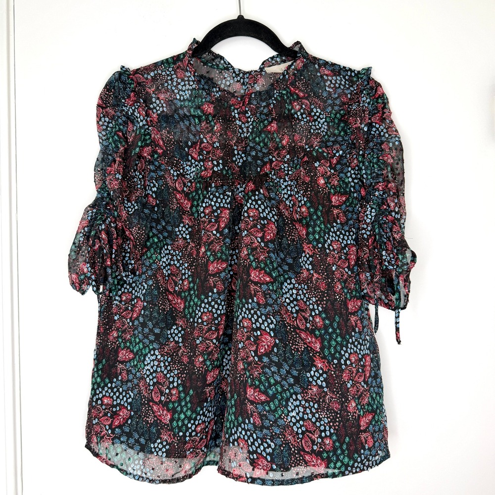 LOFT Black Floral Clip Dot Ruffle Neck Ruched Tie Sleeve Blouse Small